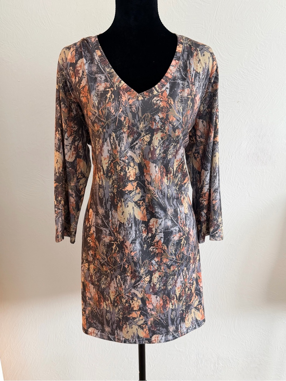 V-Neck Mini Dress in Gray and Peach Abstract Print